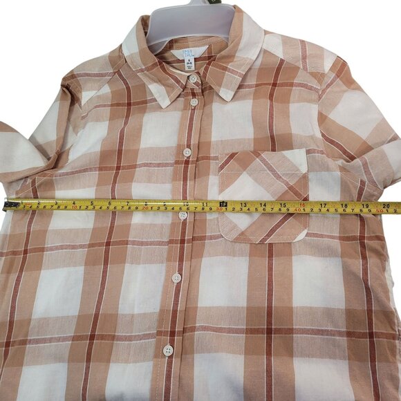 Time & Tru Women's Plaid Button-Up Long Sleeve Shirt Beige Size Small (4-6) - Picture 10 of 11